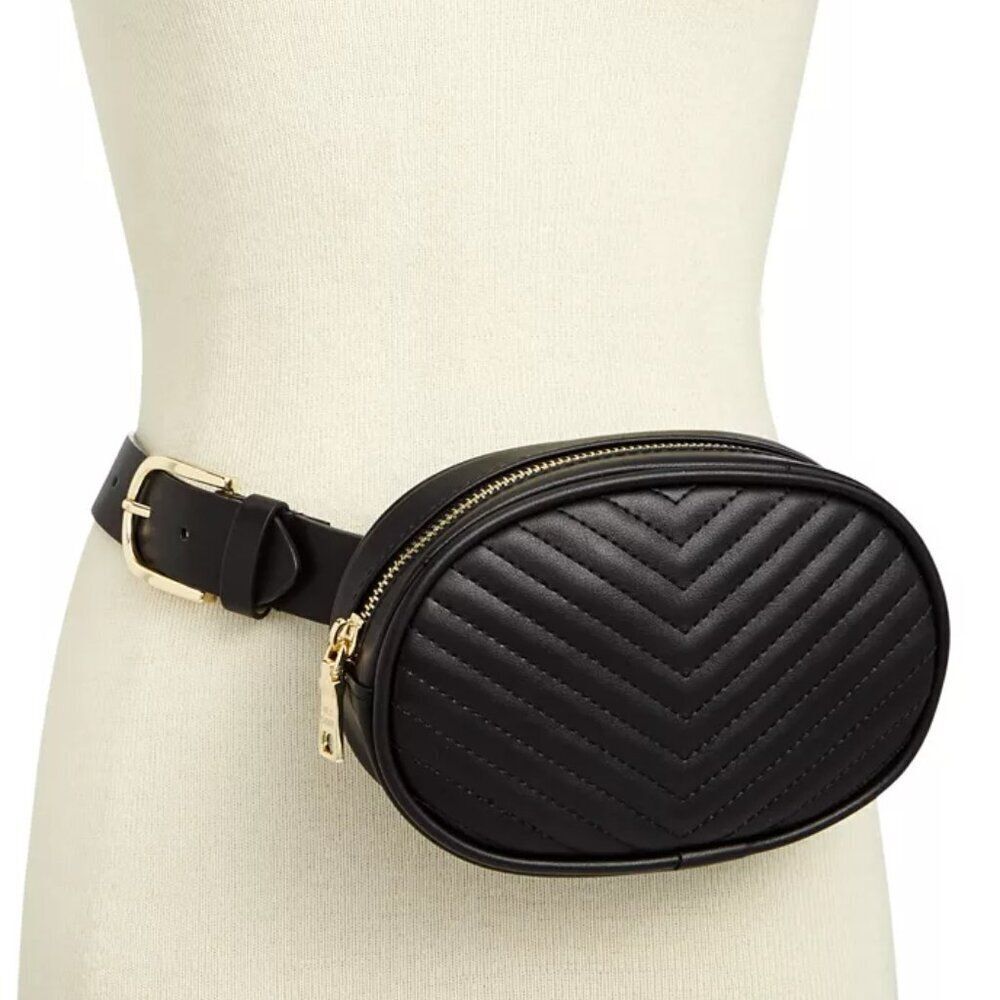 Steve Madden Black Chevron Quilted Belted Fanny Pack Belt Bag Size XL